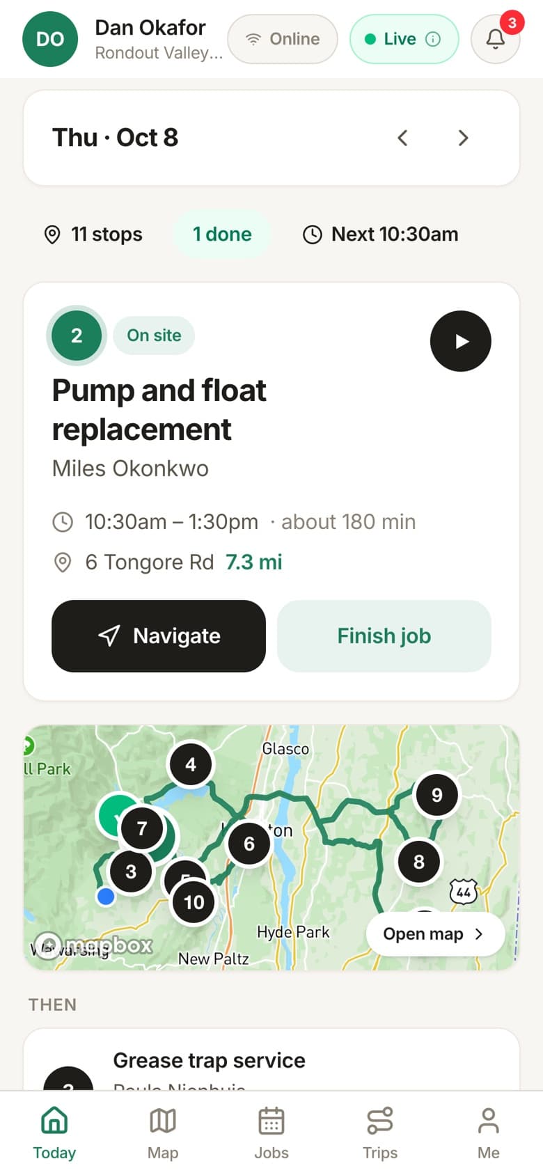 The field app's Today screen: the stop the driver is at and the day's route on a map