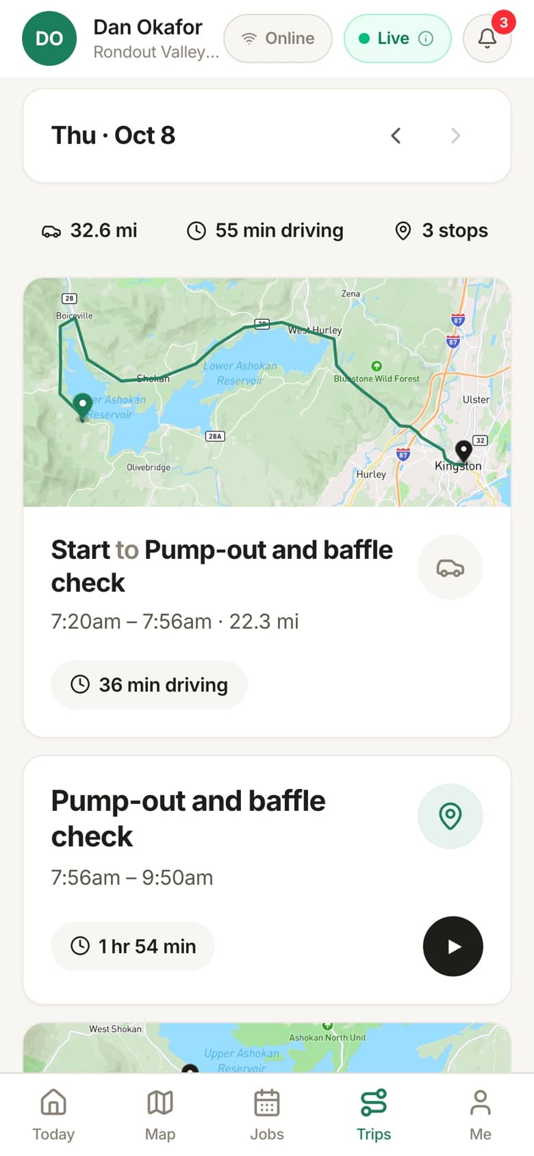 Trips: the morning's drives drawn along the roads, with the time and miles for each