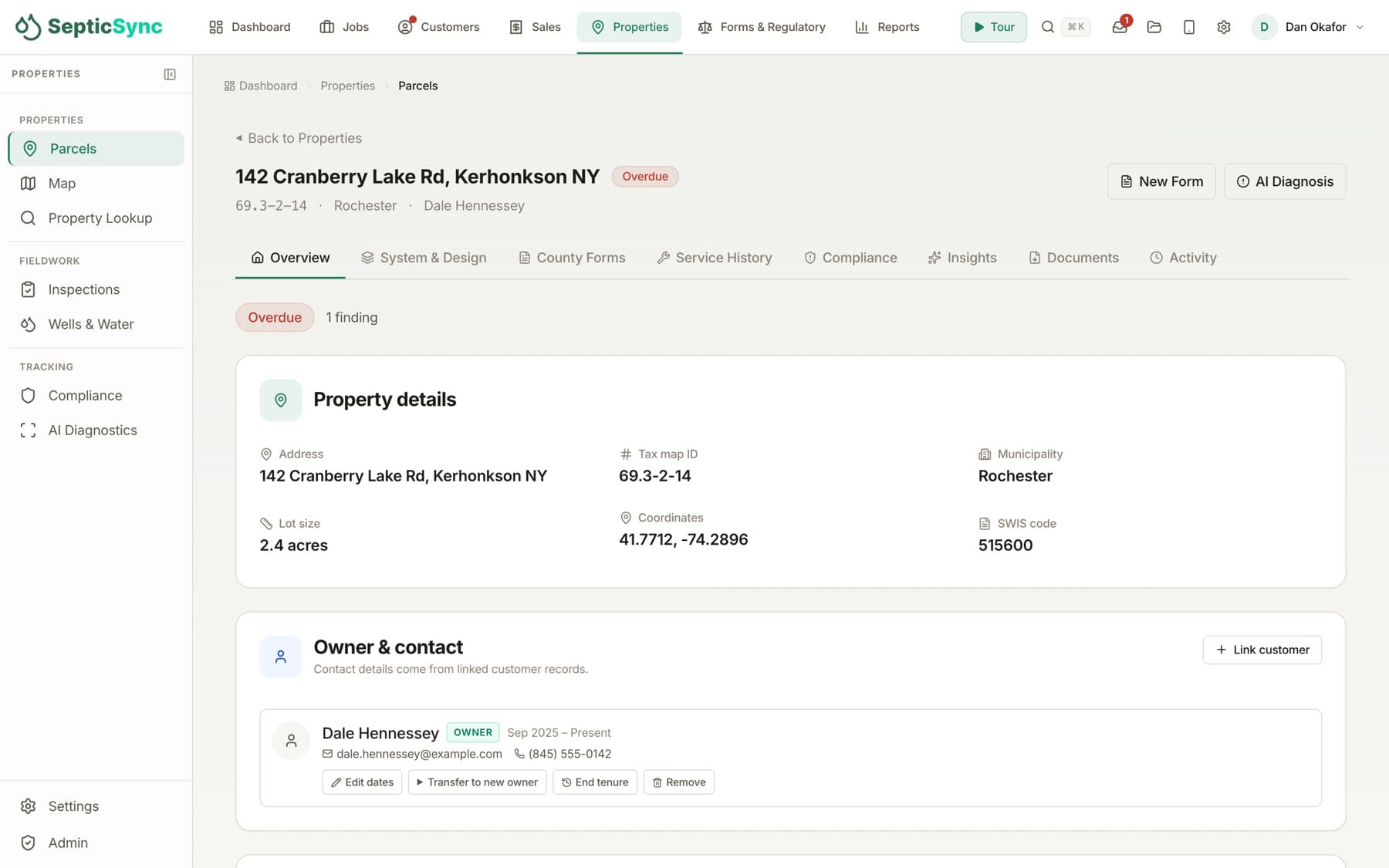 A property record: address, tax map number, lot size, coordinates, and the owner with phone and email